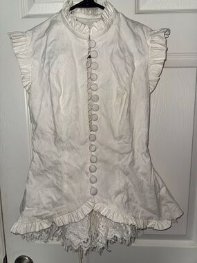 Women’s White Ruffle Button-Front Blouse with Lace Hem